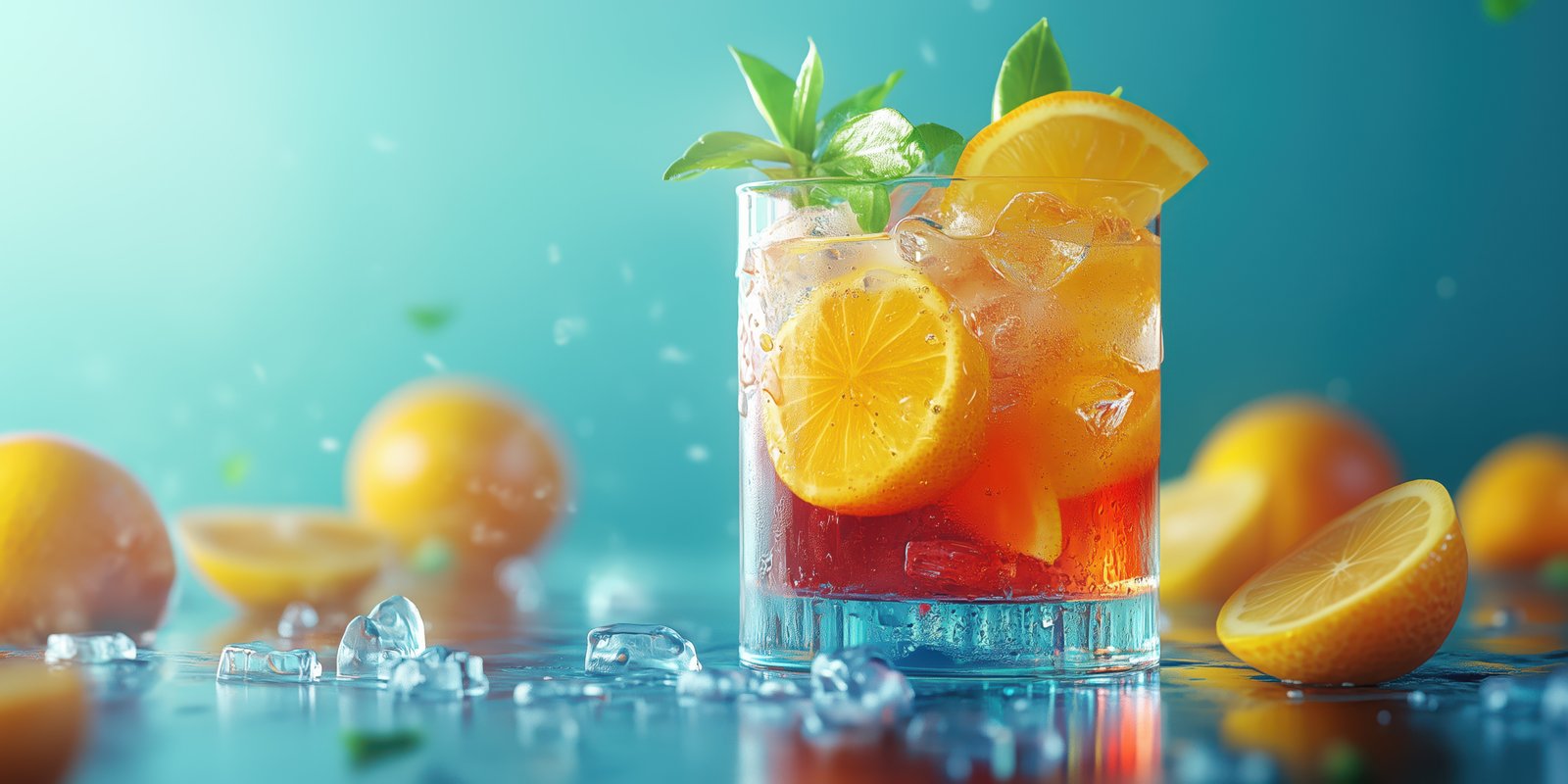 Refreshing citrus cocktail garnished with fresh mint against a vibrant blue background